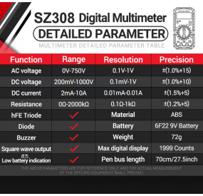 ANENG SZ308 Multimètre Numérique tableau